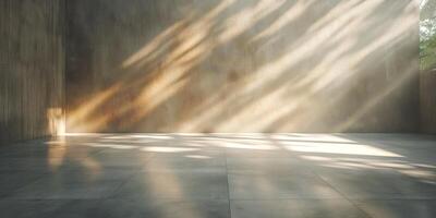 A serene empty room with soft light streaming through, highlighting the textured walls and polished floor. photo