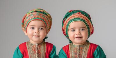 Two adorable young boys in traditional attire, showcasing rich cultural heritage with vibrant colors. photo