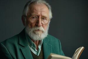 Elderly Caucasian man with glasses, deeply engrossed in reading a book, wearing a green jacket against a dark background. photo