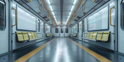 A clean and modern subway train interior with empty yellow seats, showcasing a bright and spacious atmosphere. photo