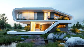 A stunning modern house with sleek lines and large windows surrounded by greenery and a reflective pond, highlighting contemporary architecture. photo