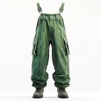 Men's oversized green cargo pants featuring a stylish design and adjustable suspenders. photo