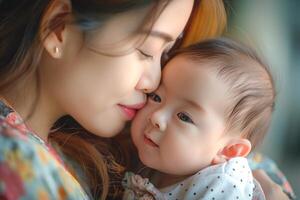 A tender moment between a mother and her baby, showcasing love and affection in a warm, colorful setting. photo