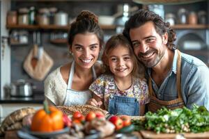 A happy smiling family, a woman, her daughter, and a man, pose in a cozy kitchen filled with fresh vegetables and wholesome food. photo