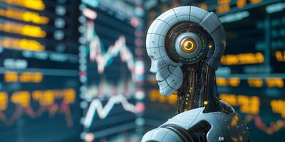 A futuristic humanoid robot observes digital data trends in a high-tech environment, showcasing the convergence of technology and analytics. photo