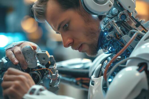 A focused young male engineer working on an advanced robotic arm, showcasing intricate details and high-tech components. photo