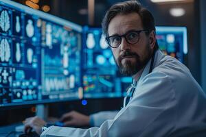 Male doctor with a beard analyzing medical data in a modern office with multiple screens displaying charts and images. photo