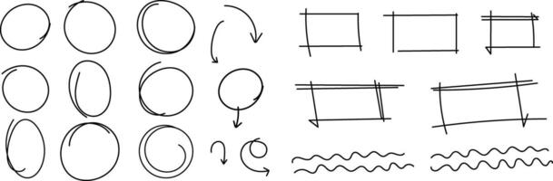 Hand drawn highlight, arrows, text underline strokes and emphasis marks. Set of ellipses, ovals rectangle and marks, brush doodle elements and shapes for message notes vector