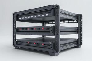 A sleek, modern black equipment rack with multiple shelves, designed for audio or hardware storage. photo