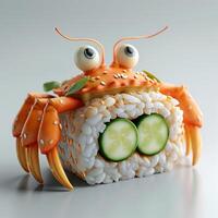 A playful cartoon crab made of sushi, featuring cucumber fillings and vibrant orange details, creating a fun food art display. photo