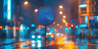 A dramatic night scene featuring a lone traffic sign illuminated by city lights, creating a moody, atmospheric setting. photo