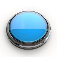 A sleek blue button with a glossy finish, set against a clean white background. photo