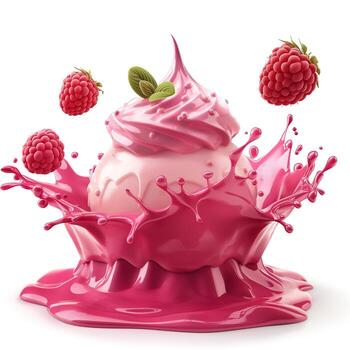 Delicious pink raspberry ice cream with a splash of syrup and fresh raspberries cascading around it. photo