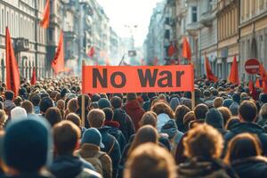 A diverse crowd of protesters during a peaceful demonstration holding a sign that reads 'No War'. photo