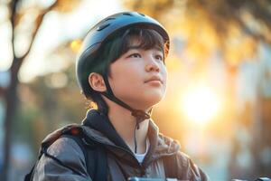 A young Asian boy wearing a helmet gazes thoughtfully into the distance, bathed in warm sunlight during a tranquil afternoon. photo