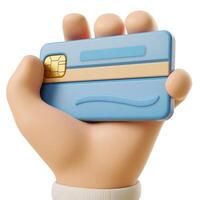 A cartoon-style hand gripping a blue credit card, symbolizing digital payments and financial transactions. photo