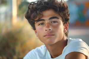 Young Hispanic male with curly hair, gazing thoughtfully at the camera in a soft outdoor setting. photo