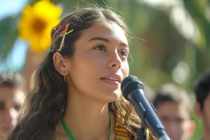 A young Latina girl passionately speaks into a microphone at a vibrant outdoor event, surrounded by enthusiastic supporters. photo
