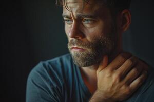 A pensive Caucasian man with a beard touches his neck, expressing deep emotion in soft, natural light. photo