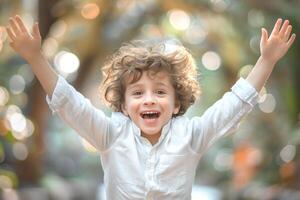 A cheerful young boy with curly hair is joyfully raising his arms in a vibrant outdoor setting. photo