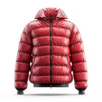 Stylish red puffy jacket, featuring a zip-up front and cozy hood, perfect for cold weather. photo