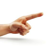 A close-up of a male hand gesturing, pointing with an outstretched finger against a clean, white background. photo