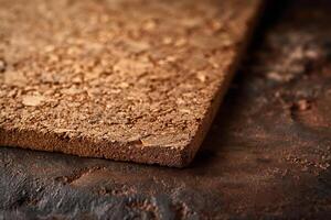 Close-up of a textured cork board on a dark, rustic surface, highlighting its natural patterns and earthy tones. photo