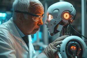An elderly male scientist closely observes a humanoid robot, depicting the intersection of technology and humanity in a research lab. photo