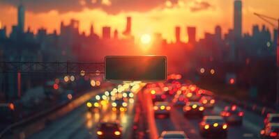 A vibrant sunset casts a warm glow over the busy city highway, with blurred lights creating a dynamic urban scene. photo