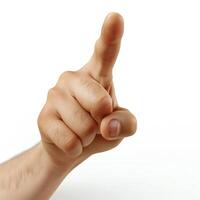A close-up of a human hand, male, gestures a warning with an index finger pointing upward against a white background. photo