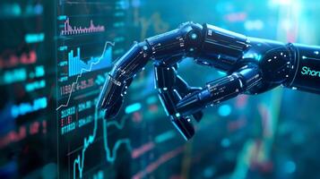 A futuristic robotic hand interacts with digital financial data, symbolizing AI in finance. photo