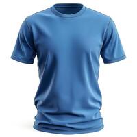 A vibrant blue short-sleeve t-shirt displayed on a plain background, showcasing a smooth fabric texture. photo