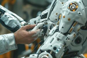 A close-up of a person adjusting a white robotic arm, symbolizing the fusion of technology and humanity. photo