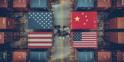 Aerial view of shipping containers arranged with U.S. and Chinese flags, symbolizing trade relations. photo