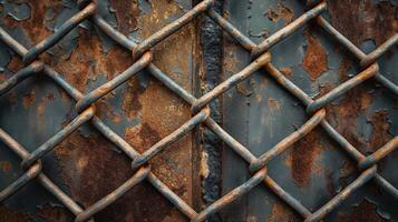 Close-up of a weathered chain-link fence with rust and peeling paint, showcasing urban decay and texture. photo