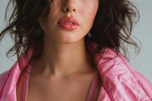 Close-up of a young Caucasian woman with curly hair wearing a vibrant pink jacket, showcasing her natural beauty and soft lips. photo