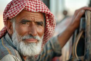 An older Middle Eastern man with a white beard and red checkered keffiyeh looks thoughtfully at the camera, showcasing his life experience. photo