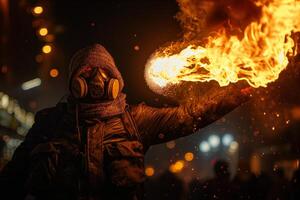 Mysterious figure in a gas mask, shrouded in darkness, hurls a fireball against a backdrop of glowing embers. photo