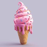 A vibrant pink ice cream cone with colorful sprinkles, dripping slightly from the top, set against a soft gray background. photo