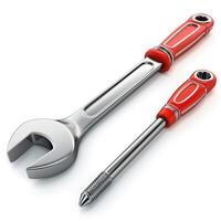 A shiny chrome wrench with red handle grips and a bold screw, symbolizing professional craftsmanship and tools for construction. photo