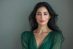 A serene South Asian woman with long black hair, wearing a green dress, gazes confidently at the camera with a soft smile. photo