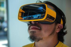 A Hispanic male using virtual reality goggles, immersed in a digital experience in a modern environment. photo