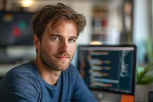A young Caucasian man with a beard and blue eyes smiles confidently while working at his computer in a modern office setting. photo