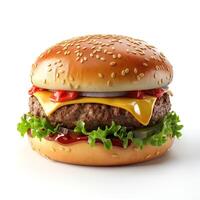 A delicious cheeseburger featuring a sesame seed bun, fresh lettuce, juicy beef patty, melted cheese, and vibrant toppings. photo