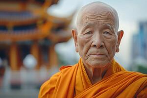 Elderly Asian monk in an orange robe, exuding wisdom and serenity against a temple backdrop. photo