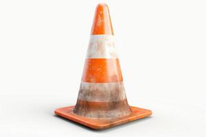 A weathered orange traffic cone with white stripes, highlighting its use in construction and road safety. photo