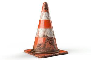 A weathered traffic cone with orange and white stripes, showing signs of wear and tear. photo