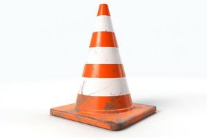 A weathered traffic cone with orange and white stripes, symbolizing road work and caution. photo