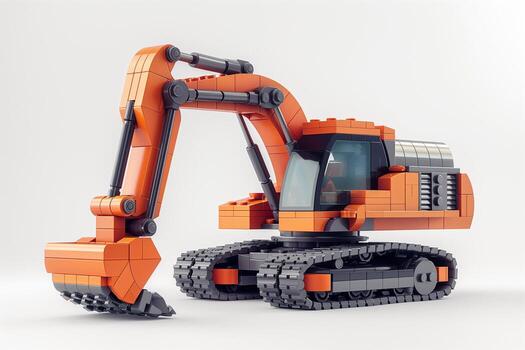 A vibrant orange toy excavator built from interlocking blocks, showcasing intricate details and a realistic design. photo