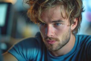 Close-up portrait of a young Caucasian man with tousled hair, deep blue eyes, and a pensive expression, captured in soft lighting. photo